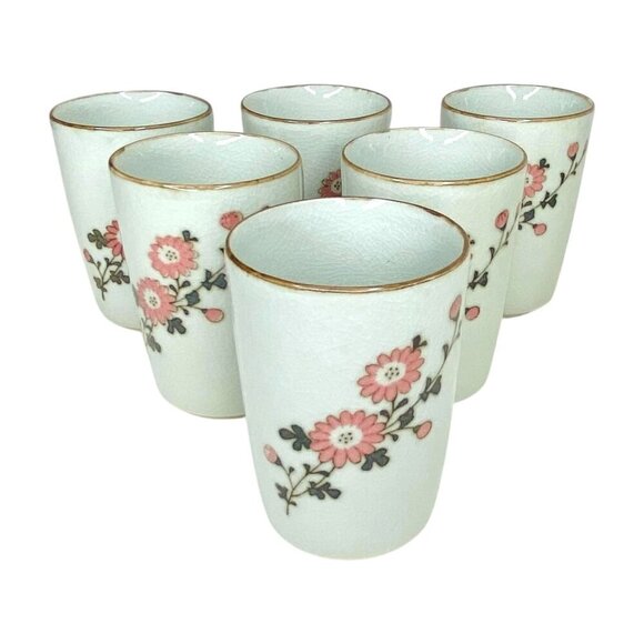OMC Otagiri Japan Pink Floral Japanese Teacups Sake Cups 6PC Set MCM Vintage - Picture 3 of 11